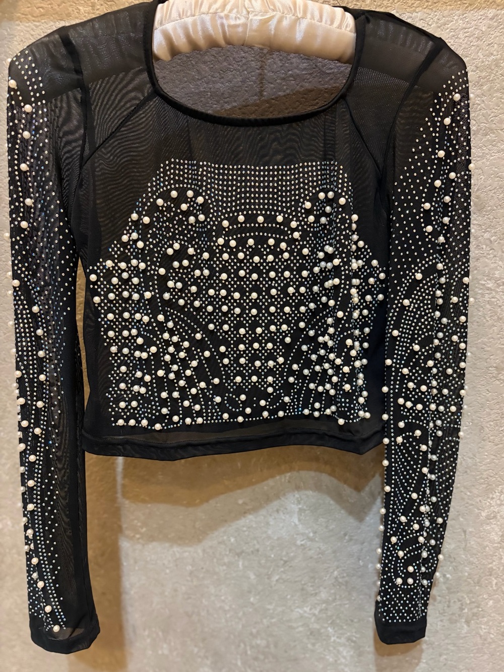 Pearl and silver studded Black Mesh Long-Sleeve Crop Top.